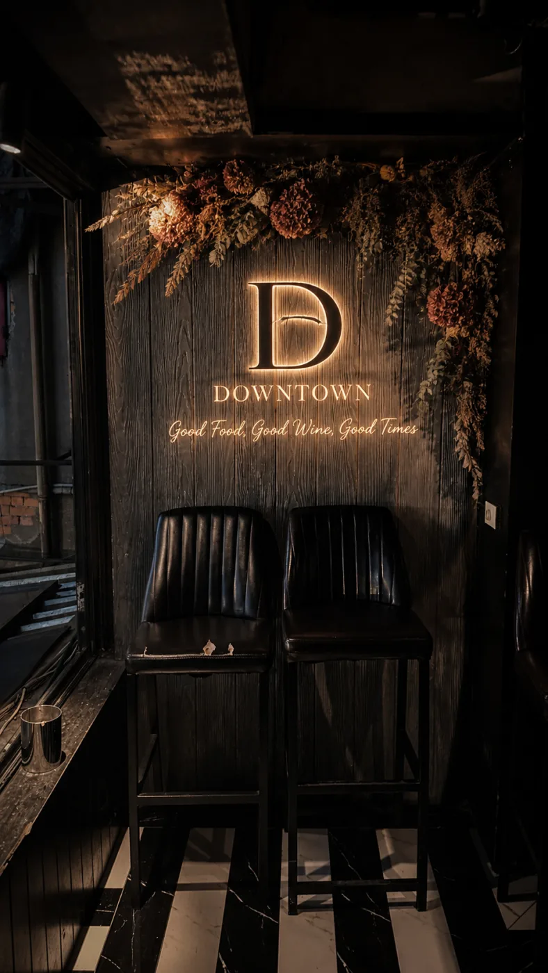 D Town by A Train 戶外區吧台座位與 DOWNTOWN 燈牌